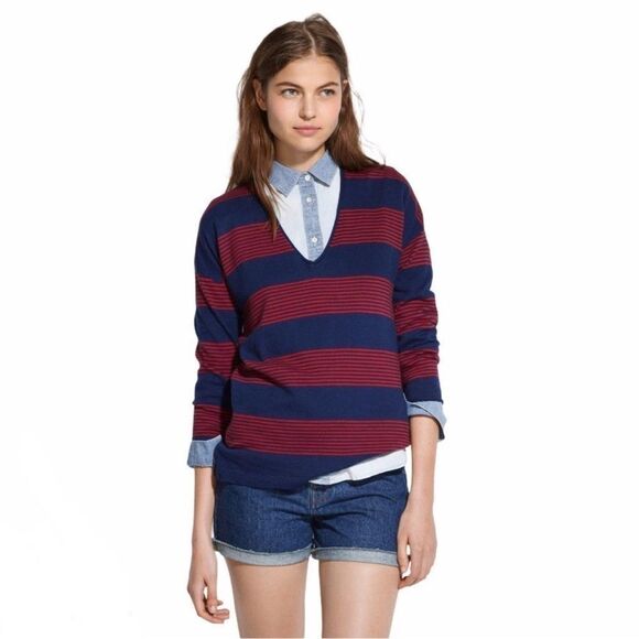 Madewell Deckhouse Striped Red Navy Sweater V-neck Size Small - Picture 1 of 8